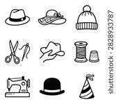 A collection of hand-drawn icons featuring different types of hats and sewing tools.