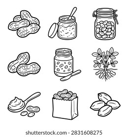 A collection of hand-drawn icons featuring peanuts, peanut butter jars, and peanut plants.