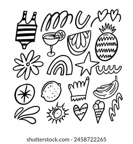 A collection of handdrawn icons featuring vertebrate, product, organism, gesture, font, plant, rectangle, circle, pattern, and drawing on a white background