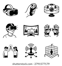 Collection of hand-drawn icons and illustrations representing virtual reality technology and experiences