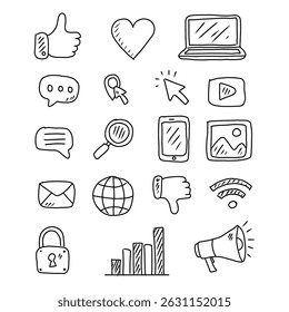 A collection of hand-drawn icons related to social media, communication, and technology, rendered in a simple black outline style.