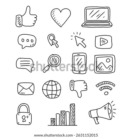 A collection of hand-drawn icons related to social media, communication, and technology, rendered in a simple black outline style.