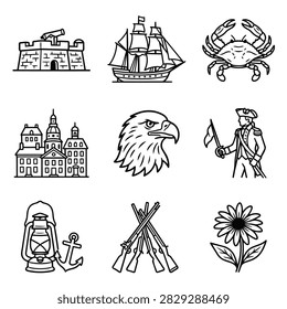 A collection of hand-drawn icons representing American history and culture, including a fort, ship, crab, building, eagle, soldier, lantern, rifles, and flower.