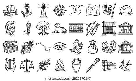 A collection of hand-drawn icons representing ancient Greek mythology symbols and objects.