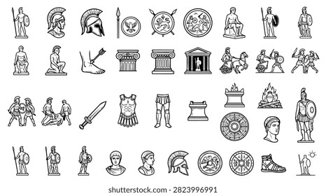 A collection of hand-drawn icons representing ancient Greek culture, mythology, and warfare.