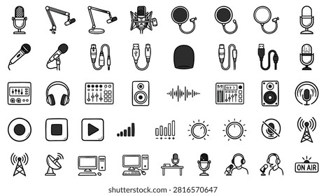 A collection of hand-drawn icons representing audio recording and broadcasting equipment. Includes microphones, headphones, mixers, speakers, and transmission towers.