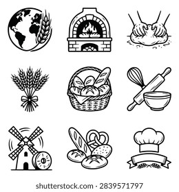 A collection of hand-drawn icons representing baking, bread, and the food industry.