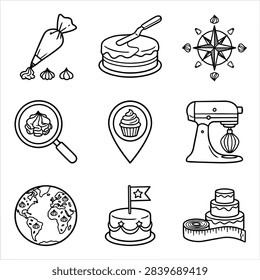 A collection of hand-drawn icons representing baking tools and cake decorating elements.