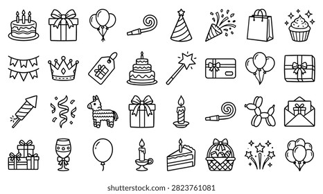 A collection of hand-drawn icons representing birthday party elements like cakes gifts balloons and hats