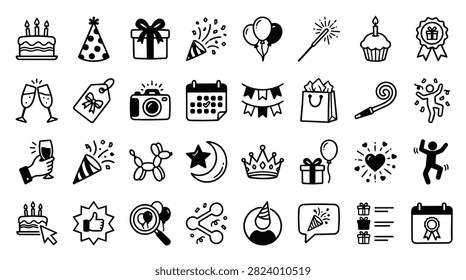 A collection of hand-drawn icons representing birthday party elements and celebrations