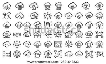 A collection of hand-drawn icons representing cloud computing services and data storage solutions.