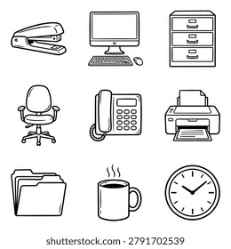 A collection of hand-drawn icons representing common office supplies and equipment.