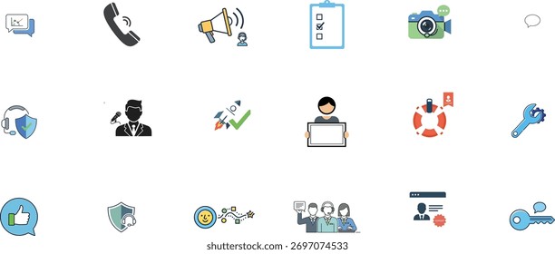 A collection of hand-drawn icons representing concepts like questions, ideas, education, and business processes.
