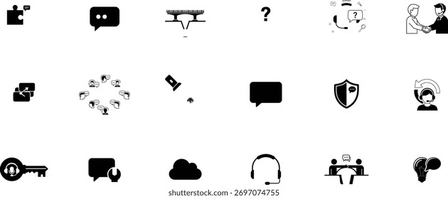 A collection of hand-drawn icons representing concepts like questions, ideas, education, and business processes.
