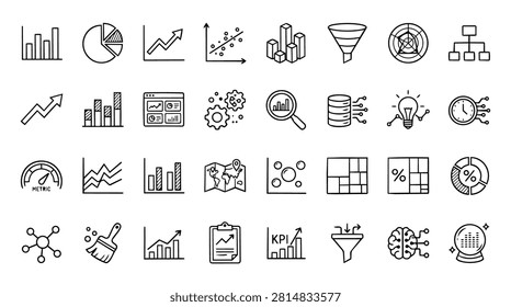 A collection of hand-drawn icons representing data analysis, statistics, and business intelligence. Includes charts, graphs, metrics, and conceptual icons.