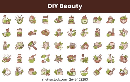 Uma coleção de ícones desenhados à mão representando produtos de beleza DIY, apresentando ingredientes naturais e temas de bem-estar. Perfeito para entusiastas de beleza e eco-friendly.