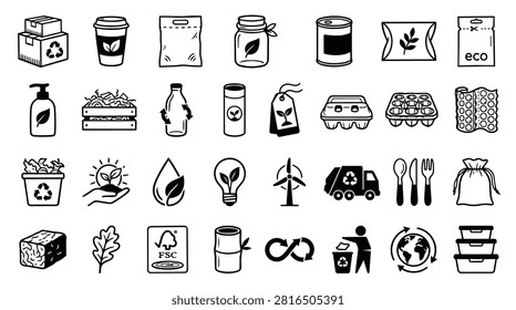 A collection of hand-drawn icons representing eco-friendly and sustainable practices, including recycling, organic products, and renewable energy.