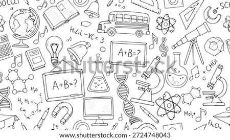 A collection of hand-drawn icons representing education, science, and learning, including a school bus, microscope, telescope, and mathematical equations.