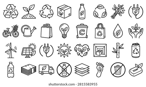 A collection of hand-drawn icons representing environmental sustainability, recycling, and eco-friendly practices. Includes symbols for renewable energy, waste management, and conservation efforts.