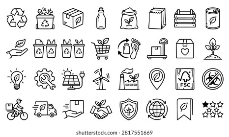 A collection of hand-drawn icons representing environmentalism, sustainability, and eco-friendly practices. Includes recycling symbols, renewable energy sources, and organic product packaging.
