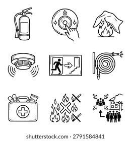 A collection of hand-drawn icons representing fire safety equipment and emergency procedures for preparedness.
