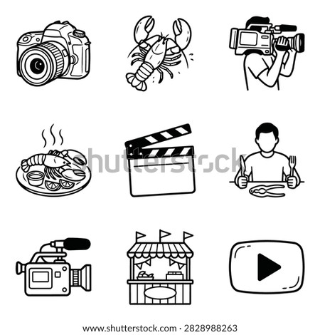 A collection of hand-drawn icons representing food, cameras, and video production elements.
