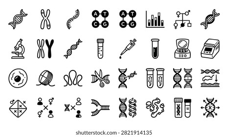 A collection of hand-drawn icons representing genetics, DNA, chromosomes, and scientific research.