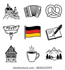 A collection of hand-drawn icons representing German culture and symbols, including a castle, accordion, pretzel, sausage, flag, notebook, house, coffee cup, and mountains.