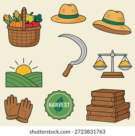 Una colección de íconos dibujados a mano que representan la cosecha y la agricultura, incluida una canasta de productos agrícolas, sombreros, hoz, escamas, sol, guantes y cajas.
