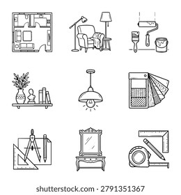 A collection of hand-drawn icons representing home renovation and interior design elements.