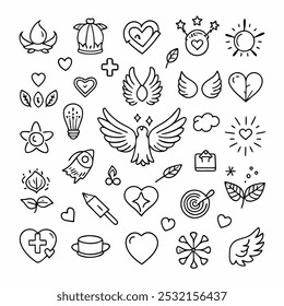 A collection of hand-drawn icons representing love, peace, hope, and joy. These versatile black and white illustrations are perfect for adding a touch of charm to greeting cards, social media posts.