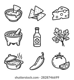A collection of hand-drawn icons representing Mexican food ingredients and dishes including salsa, nachos, cheese, guacamole, hot sauce, cilantro, chili, and tomato.