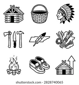 Collection of hand-drawn icons representing Native American culture and pioneer life including a log cabin, feather, and tools.
