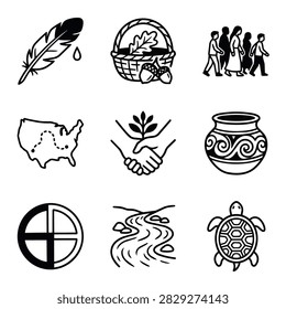 A collection of hand-drawn icons representing Native American culture, including a feather, basket, people, map, handshake, pot, symbol, river, and turtle.