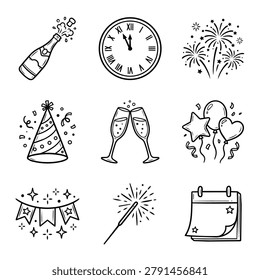 Collection of hand-drawn icons representing New Year's Eve celebration elements in a doodle style.