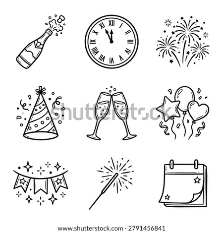 Collection of hand-drawn icons representing New Year's Eve celebration elements in a doodle style.