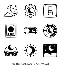 A collection of hand-drawn icons representing night mode settings and transitions between day and night.
