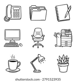 Collection of hand-drawn icons representing office supplies and equipment for business use
