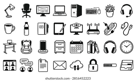 A collection of hand-drawn icons representing office and technology items, including computers, stationery, communication tools, and home office essentials.