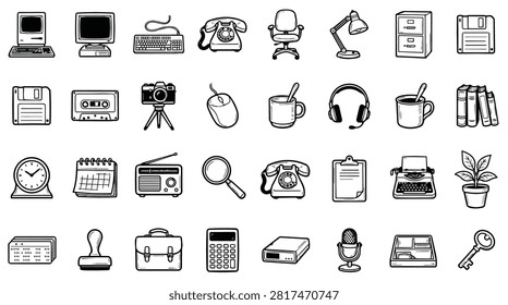 A collection of hand-drawn icons representing office supplies and technology, including computers, telephones, cameras, and stationery.