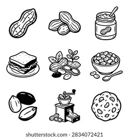 Collection of hand-drawn icons representing peanuts, peanut butter, and peanut-based foods like cookies and sandwiches.