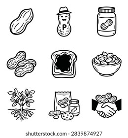 A collection of hand-drawn icons representing peanuts, peanut butter, and related products.
