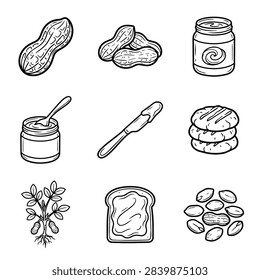 A collection of hand-drawn icons representing peanuts, peanut butter jars, a knife, cookies, a peanut plant, and toast.