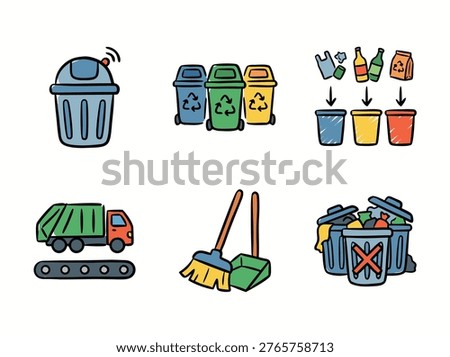 Collection of hand-drawn icons representing recycling bins, garbage truck, and waste disposal.