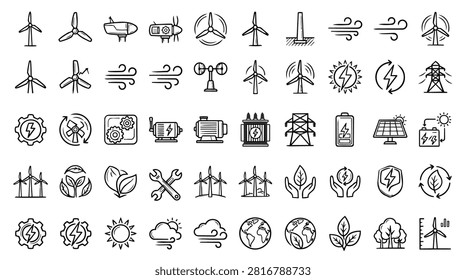 A collection of hand-drawn icons representing renewable energy sources and related concepts. Includes wind turbines, solar panels, batteries, and symbols for electricity and nature.