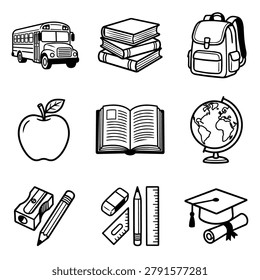 A collection of hand-drawn icons representing school supplies and educational items.