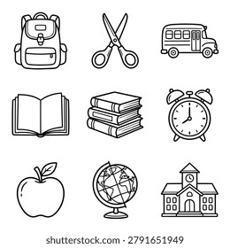 Collection of hand-drawn icons representing school supplies and educational objects