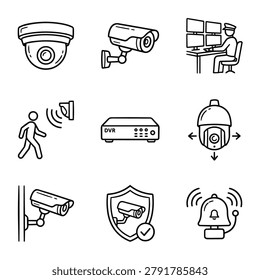 Collection of hand-drawn icons representing security cameras, DVR, motion detection, and monitoring station.