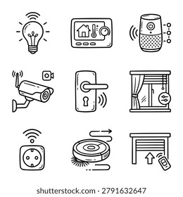 Collection of hand-drawn icons representing smart home technology devices and functions