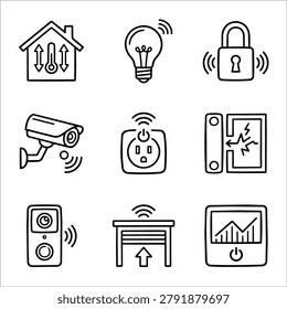 Collection of hand-drawn icons representing smart home technology and automation.
